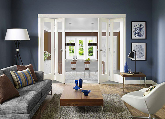 Белые двери + синие стены + коричневые и серые предметы интерьера