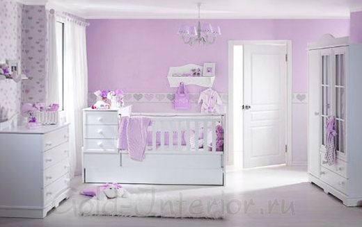 Белый + сиреневый цвет в оформлении комнаты новорождённой девочки