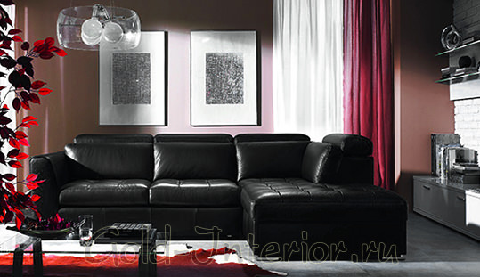 Чёрный диван + шторы винного оттенка
