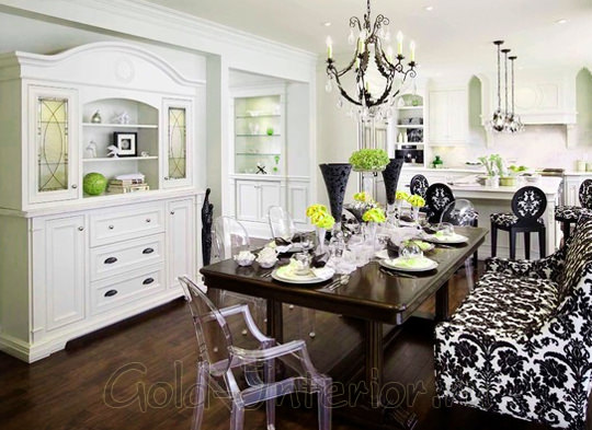 Дизайн кухни с диваном: чёрно-белый орнамент