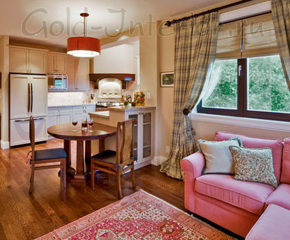 Розовый и коричневый цвет + ковёр - как разделители кухни и гостиной