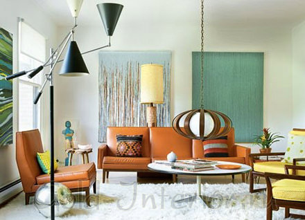 Предметы интерьера мятного и лимонного оттенков + рыжий диван